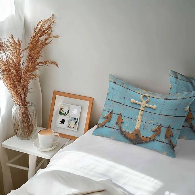 Vintage Anchor Waterproof Outdoor Pillow Covers Set of 2 Home Decor, Coastal Nautical Blue Brown Wooden Pillowcase Patio Pillow Covers for Couch Bench Furniture Garden 20x12in