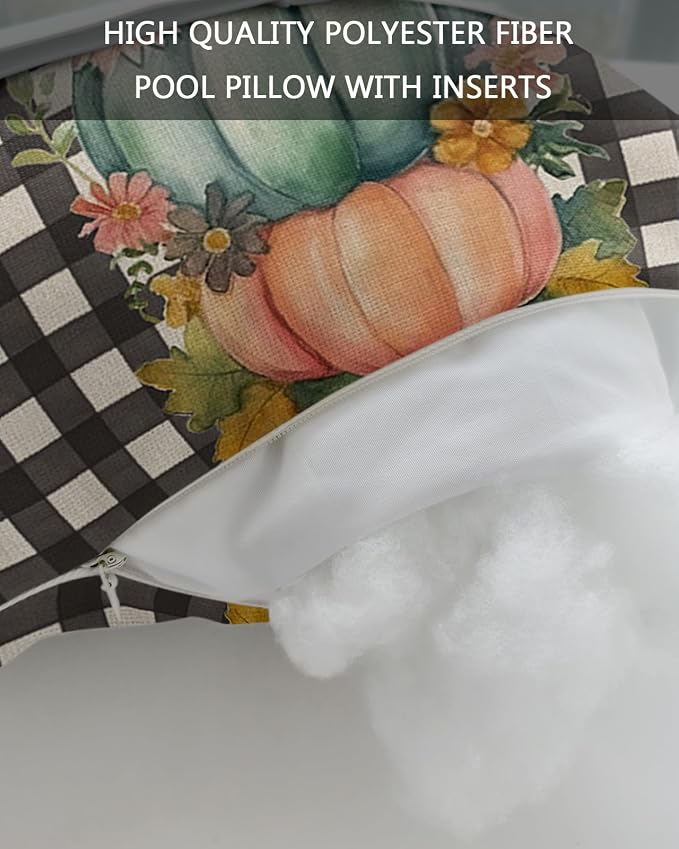 Outdoor Pillows Covers with Inserts Thanksgiving Pumpkin Flowers Fall Black Buffalo Plaid Waterproof Pillow with Adjustable Strap Throw Pillows for Patio Furniture Recliner Lounge Chair, 12"x20", 2PCS