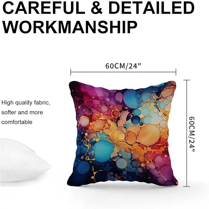 Pillow Cover Ink Rainbow Shapes with Gold Pillows Modern Abstract Alcohol Ink Textures Pillow Cover Accent Decorative Cushion Cases Home Decor for Patio Furniture Garden 24x24 in