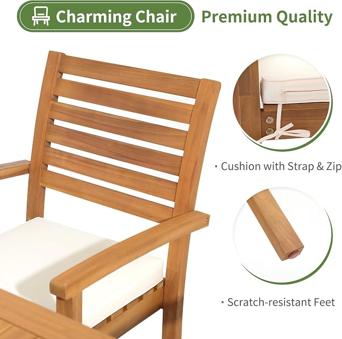 OC Orange-Casual 7 Piece Patio Dining Set, Outdoor Acacia Wood Furniture Set, Extendable Rectangular Table and 6 Stackable Chairs w/Removeable Fabric Cushion, White Cushion