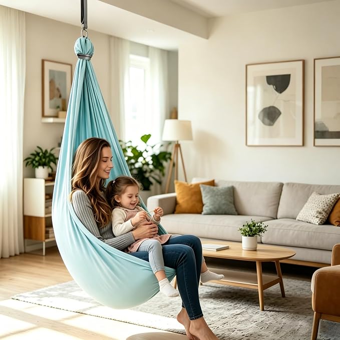 Hammock Without Stand, Double Layer Cuddle Hammock Swing, Adjustable Aerial Yoga Swing with Full Hardware Kit, 360° Swivel, Holds Up to 300lbs for Adults (Light Blue)