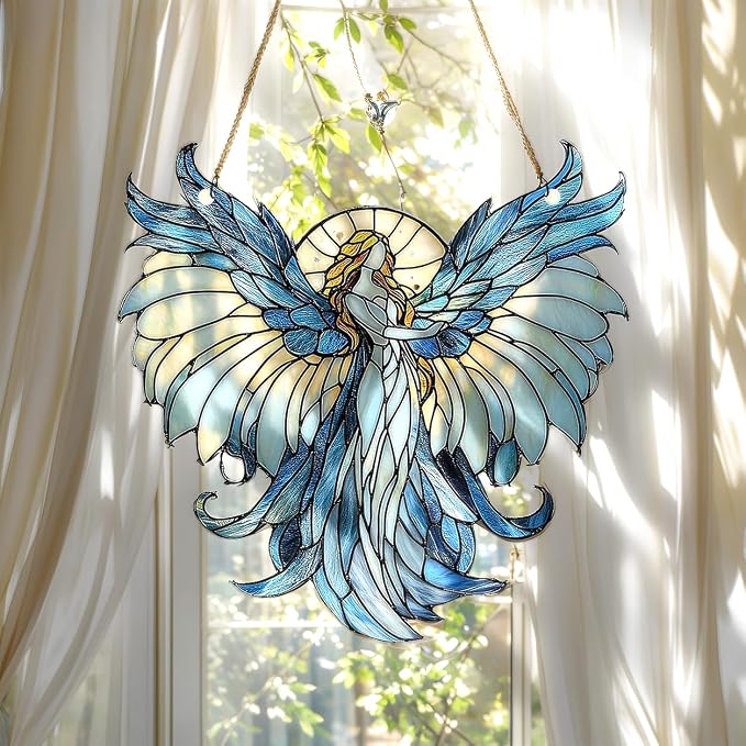 Guardian Angel Suncatcher Spiritual Religious Ornament Acrylic Stained Glass Effect Window Hanging Art Garden Decor Mom Mothers Day Decoration Gifts for Girlfriend Wife Women Teacher