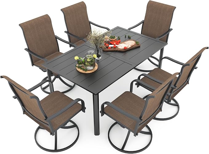 Patio 29" Heigh Rectangle Table Brown Swivel Chair Outdoor Dining Set Sty2 | 63"x38" Metal Table, 29" Heigh Table Top,All Weather; 6 Piece Swivel Chairs: High Back,Retro Armrest,Textilene Fabric,Rocking