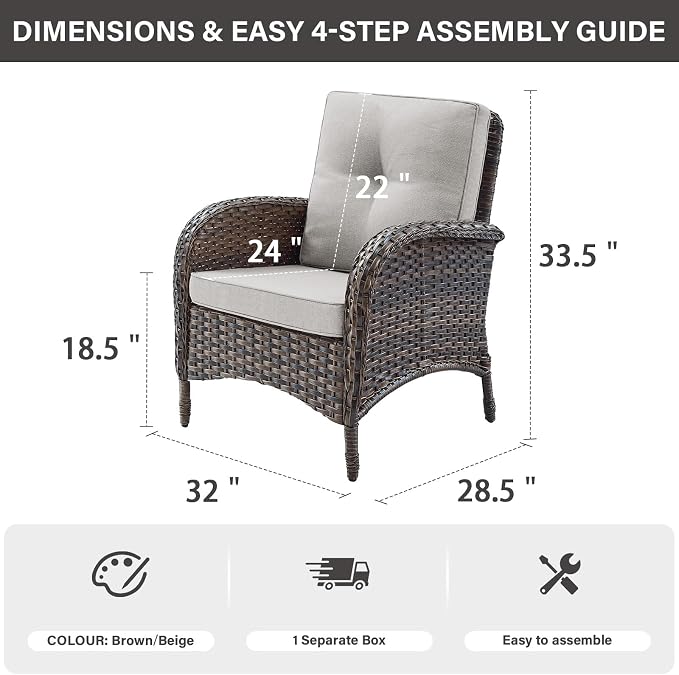 Belord Patio Club Chair Wicker Chairs - Outdoor High Back Chair Set of 2 Patio Furniture Set Rattan Seating with Removable Cushions for Porch Balcony Deck Pool Sunroom Light Brown/Beige