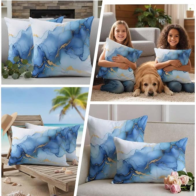Abstract Marble Texture Outdoor Waterproof Throw Pillow Covers Set of 2, 16"x16", Gold Blue Gradient Modern Art Decoration Decorative Pillow Covers Outside Cushion Case for Patio Porch Garden