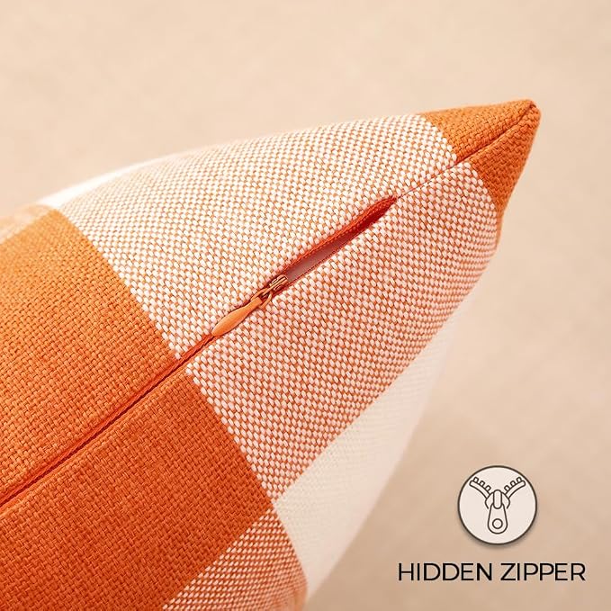 Outdoor Fall Decor Orange Buffalo Plaid Pillow Covers 18x18 for Front Porch | Set of 2, Durable Polyester Fabric, Fade-resistant for Outdoor Porch Patio Furniture,Autumn Fall Decorations for Home Bedroom
