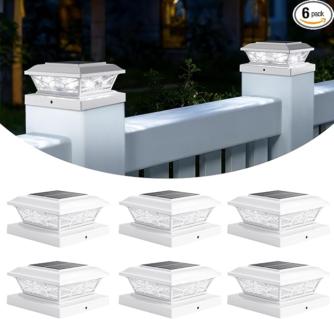 4x4 3.5x3.5 Solar Post Cap Lights 6-Pack White | 2 Modes (Warm/Cool White), 16LEDs, for Wooden/Vinyl Posts, IP65 Waterproof, Outdoor, for Fence, Deck, Patio, Yard, Porch