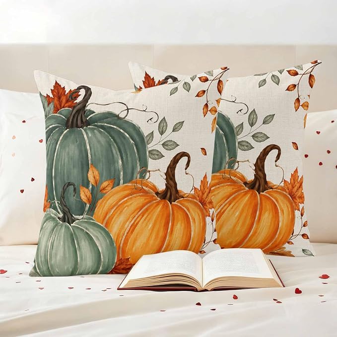 Green Orange Fall Waterproof Outdoor Pillow Covers 24''x24'' Set of 2, Maple Leaves Thanksgiving Patio Furniture Cushion Covers for Chairs,Decorative Farmhouse Beige Pillow Cases for Garden/Pool/Beach