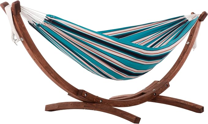 Vivere Double Sunbrella Hammock with Solid Pine Arc Stand - 450 lb Capacity, Durable FSC Wood Frame, Includes Hardware & User Guide - 450 lb Weight Capacity (Token Surfside)
