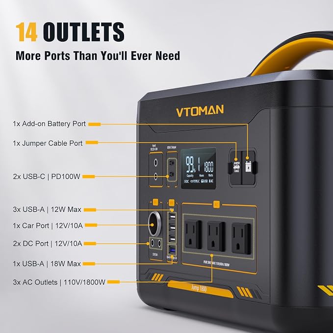 VTOMAN Jump 1800 Portable Power Station with 200W Solar Panel, 1548Wh Battery 1800W AC Outlets (3600W Peak) /100W USB-C Output Fast Charge, Large Solar Generator for Outdoor, Camping, Backup