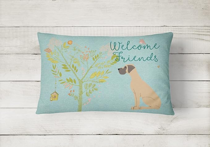 Caroline's Treasures BB7588PW1216 Welcome Friends Fawn Great Dane Natural Ears Canvas Fabric Decorative Pillow Machine Washable, Indoor Outdoor Decorative Pillow for Couch, Bed or Patio, 12HX16W