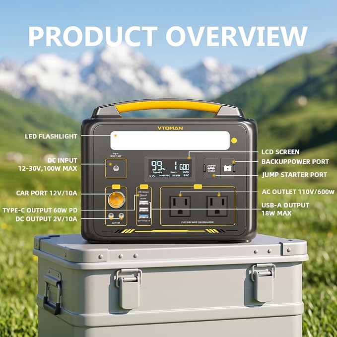 VTOMAN Jump 600X Portable Power Station 600W, 299Wh Solar Generator LiFePO4 Battery Power Station with Jump Start for Car, 1200W AC Outlet, PD 60W USB-C, 3x Regulated 12V/10A DC for Camping, RV Travel