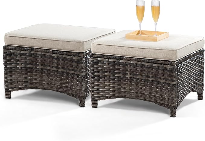 4 Pieces Outdoor Patio Furniture Set Wicker Chairs Set of 2 with Two Ottomans for Backyard, Porch, Balcony(Mixed Grey/Beige)