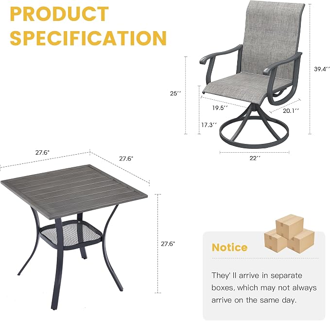 VICLLAX 3 Pieces Patio Dining Set for 2-28" Square Small Outdoor Table and 2 Patio Swivel Chairs for Lawn Garden, Grey Wood Grain Tabletop and Grey Fabric