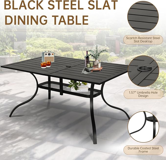 SUNCROWN 8 - Piece Outdoor Dining Set, Patio Furniture Set with 6 Textilene Dinning Chairs, 1 Rectangle Metal Table and 1 Brown 9Ft Patio Umbrella for Lawn Garden Backyard Deck, Black