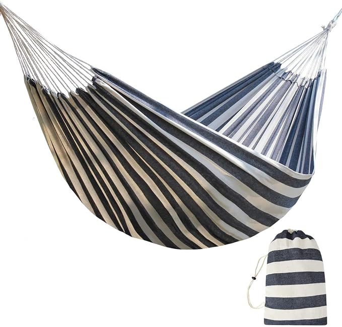 Double Size Travel Hammock with 2 Tree Swing Hanging Straps Canvas Hammock Rope 9.8 FT Each with Heavy Duty Carabiner Hooks Kit
