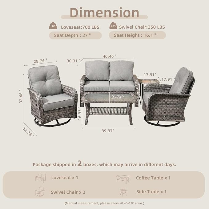 CAODOC 5 Pieces Patio Furniture Set,Outdoor Furniture with Rockers, Rattan Conversation Sets w/Coffee Table, Grey Wicker Light Dark Gray Cushion