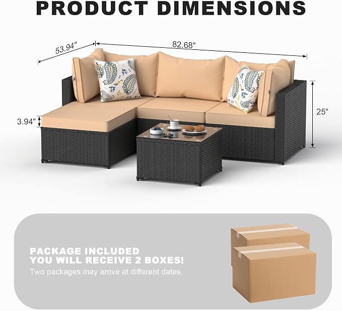 5 Piece Patio Furniture Sets, Outdoor Patio Set Sectional Sofa, All-Weather PE Rattan Couch with Cushion, Glass Table for Gatherings, Parties, Sports Viewing (Khaki, 5-Piece Set)