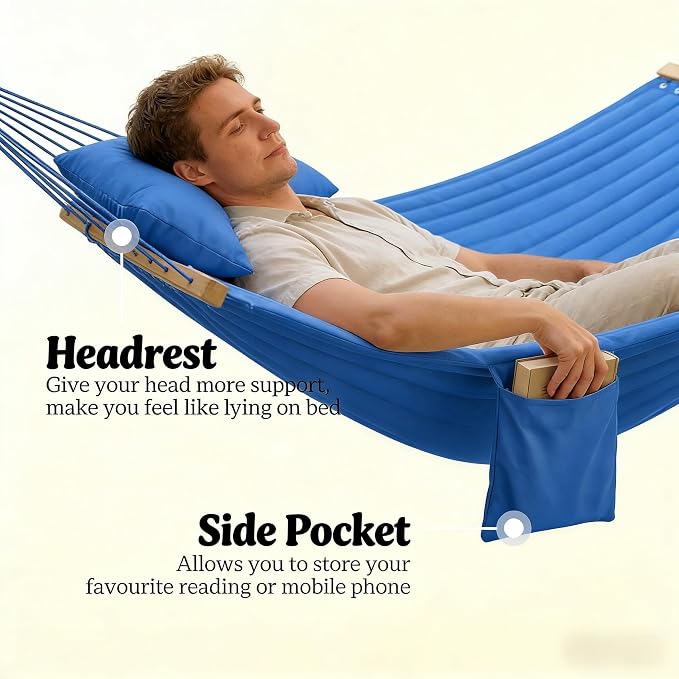 Double Hammock Outdoor Patio Garden Spreader Bars Wood | Quilted Polyester Extra Wide 2 Person Hammock Beechwood Spreader Bars Detachable Pillow Pocket and Hanging Kit Included