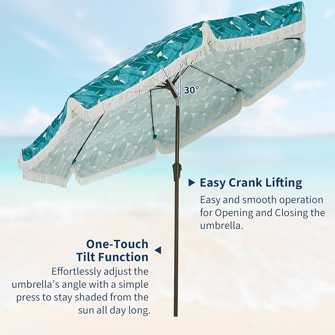 Garvee 9FT Fringe Patio Umbrella with Crank Handle, Push Button Tilt for Sun Shade, 8 Fiberglass Ribs, 1.5" D Premium Steel Pole, Outdoor Large Tassel Umbrella for Patio Beach Pool Backyard,9' Leaf