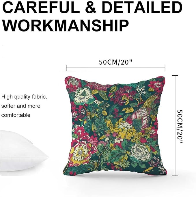 Chinoiserie Red Peony Floral Pillowcase Green and Pink Pillowcase 20x20 INModern Accent Outdoor Garden Decoration for Patio Couch Sofa