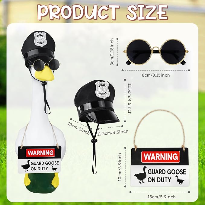 Horolam Porch Goose Outfits, 17"/23" Yard Guard Goose Outfit with Porch Goose Sign Goose Police Hat Eyeglasses Wooden Gooses Warning Sign Danger for Patio Lawn Garden Decoration