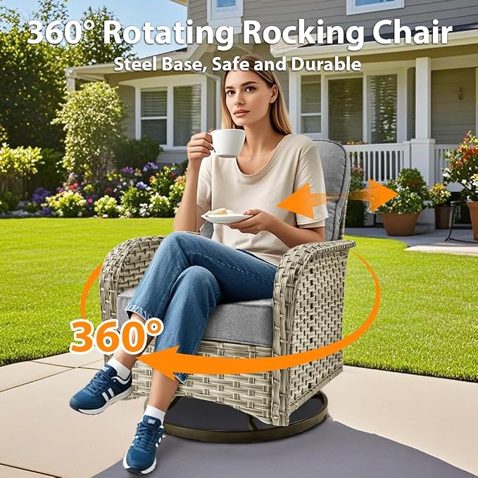 10 Pieces Patio Sectional Furniture Set, Outdoor Wicker Sectional Couch with High Back Swivel Rocker Chairs Solar Lights Table, Modern Conversation Set for Porch Balcony Backyard, Dark Gray