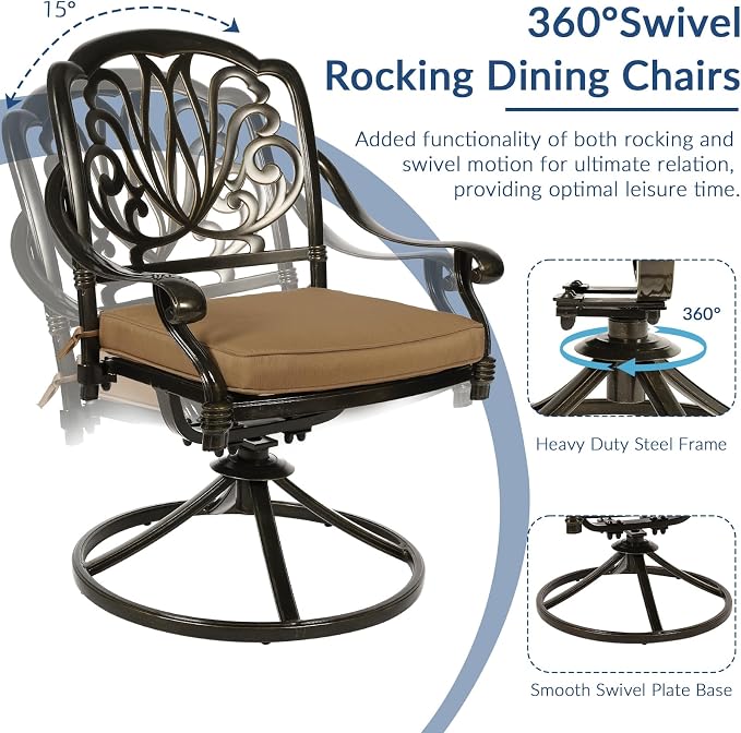 9-Piece Patio Cast Aluminum Dining Set, Outdoor Dining Furniture Set for 8 Person, Includes 94.5" Rectangular Dining Table and 8 Swivel Chairs with Umbrella Hole for Deck Garden, Tan