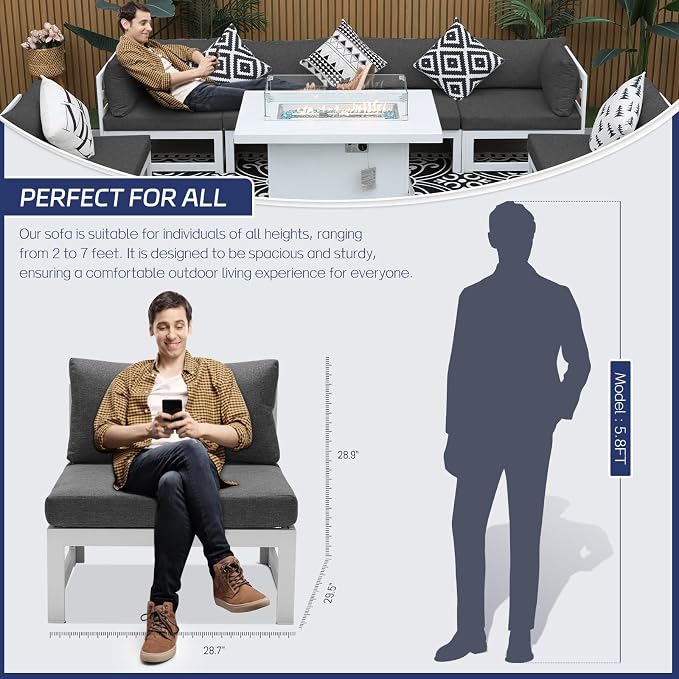 BULEXYARD 9 Piece Modern Aluminum Patio Furniture Set with Fire Pit Table, 500 lbs Heavy Duty Outdoor Sectional Sofa, 29" Deep Wide Oversized Seating Conversation Couch for Garden Exterior, Dark Gray