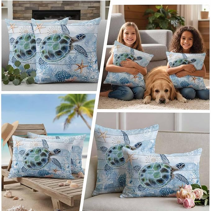 Green Sea Turtle Outdoor Waterproof Throw Pillow Covers Set of 2, 18"x18", Ocean Coral Starfish Vintage Blue Plank Decorative Pillow Covers Outside Cushion Case for Patio Porch Garden