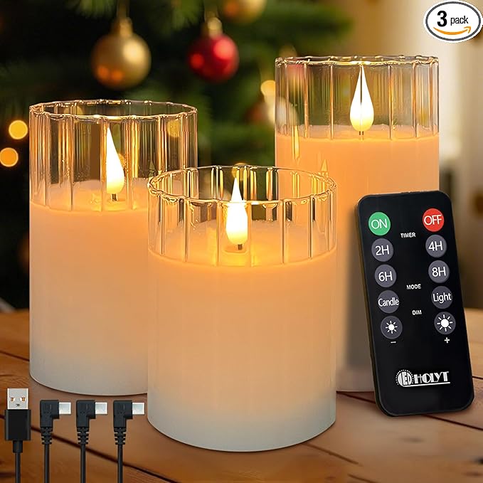 Rechargeable Flameless Glass Pillar Candles – Remote & Timer – Set of 3 White Stripes Realistic Flickering LED Light, Ideal for Living Room, Bedroom & Holiday Décor& Gifts for Women