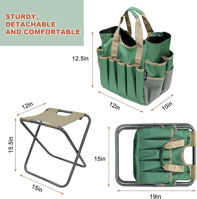MDSTOP Folding Gardening Stool with Detachable Storage Tote Bag, Gardening Tools Set Organizer for Fishing Outdoor Sports Hiking Camping Garden, Gardening Gifts for Mom/Dad and Gardeners