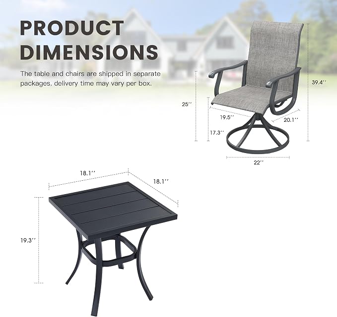 Outdoor Dining Set for 2, 18.1" Metal Square Patio Side Table and Sling Patio Swivel Chairs, 3 Pieces Patio Table and Chairs Set for Garden Backyard, Grey and Black
