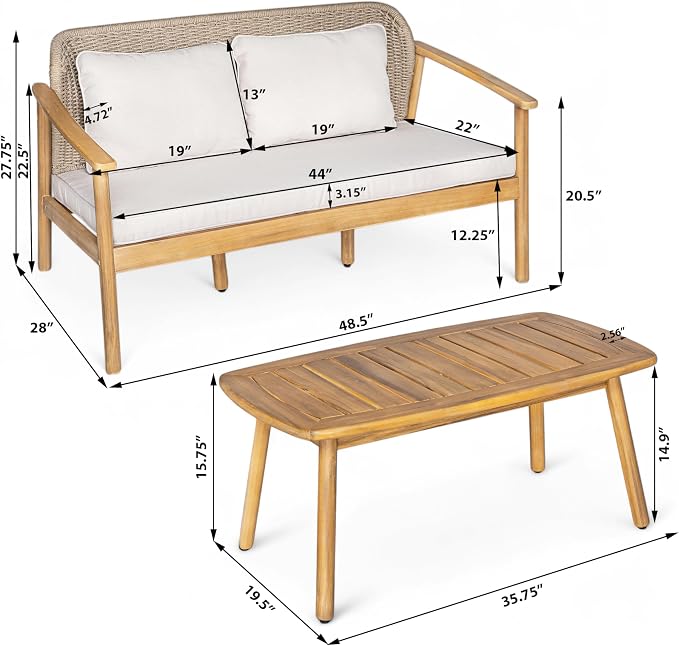Merax 2 Piece Outdoor Conversation Set with Acacia Wood Coffee Table and Loveseat, Woven Rope Backrest Patio Seating Group, Patio Furniture Set for Porch, Garden, Backyard, Balcony, Light Teak Finish