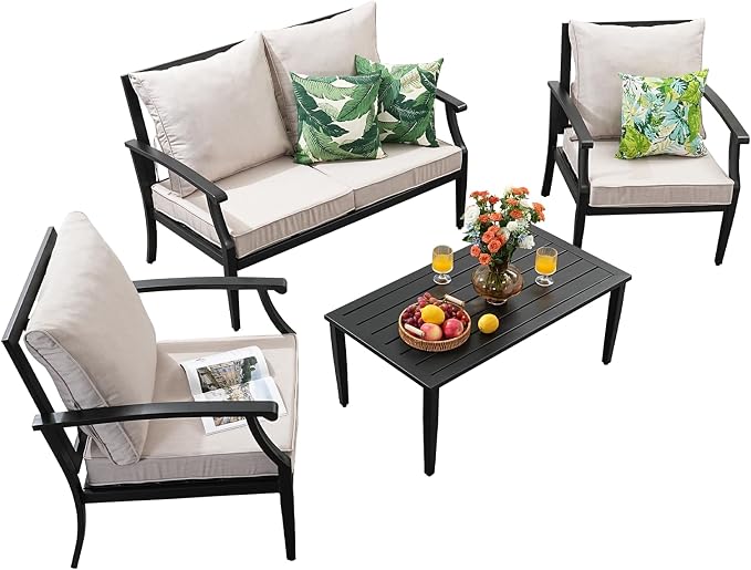 4 Piece Outdoor Patio Furniture Set, Oversized Metal Conversation Set with High Back & Deep Seating, Water-Repellent Cushions, Coffee Table for Porch, Deck, Backyard, Beige