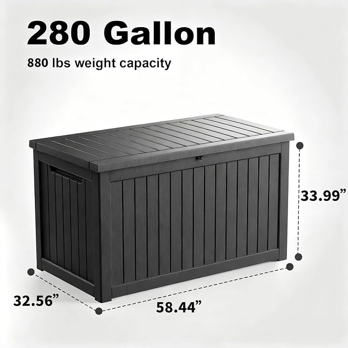 Vixzen 280 Gallon Large Outdoor Storage Box Waterproof, UV Resistant Resin Deck Box with Hydraulic Rod & Lockable Latch for Patio Furniture, Outside Storage Box for Garden Tools, Patio Cushions, Black