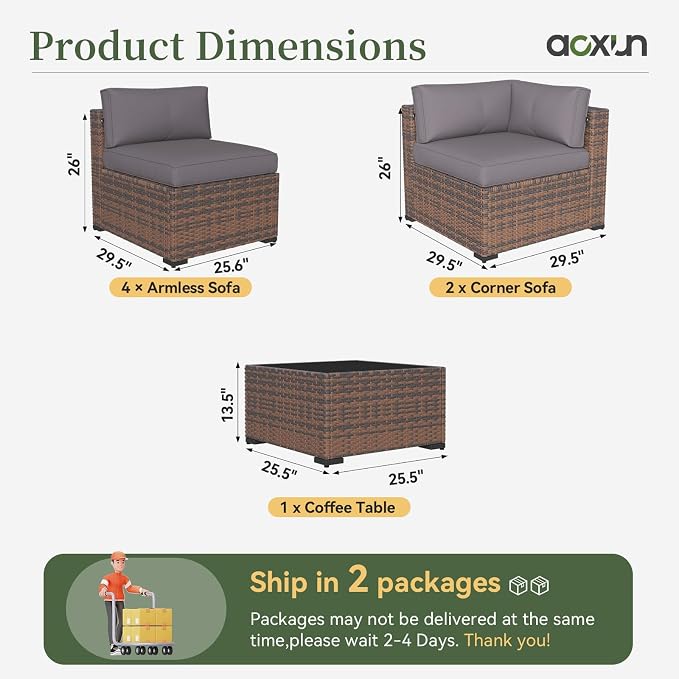 Aoxun 7 Piece Patio Furniture Set Wicker Rattan Patio Conversation Set Outdoor Sectional Sofa Set with Coffee Table and Thickened Cushions, Grey