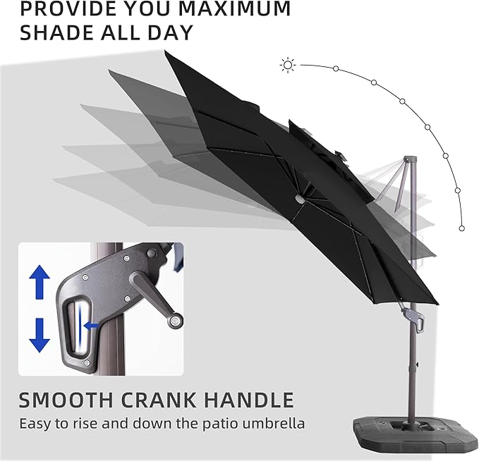 JZAC & QZYD 9x9 FT Outdoor Cantilever Patio Umbrella with Base Included and Solar LED Lights, Large Heavy Duty 2-Tier Square Aluminum Offset Umbrellas with 360-Degree Rotation for Pool Deck, Black