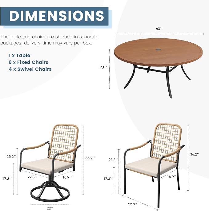 DIFY 11 Pieces Outdoor Dining Set for 10, Patio Furniture Set of 10 Wicker Patio Chairs with Soft Cushions and 63" Walnut Round Metal Table with Umbrella Hole, for Backyard Garden Deck, Wheat Rattan