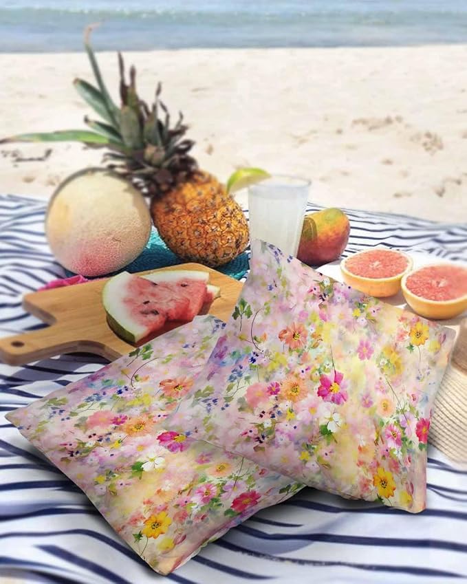 Abstract Outdoor Throw Pillow Covers Pack of 2, Spring Oil Painting Botanical Colorful Flowers Waterproof Pillow Covers Pillowcase for Outside Furniture Bench Patio Garden Decorative, 20"x20"