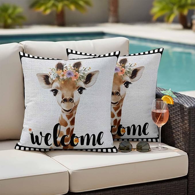 Funny Giraffe Outdoor Pillow Covers 16x16 Inch Throw Pillow Covers Set of 2 Waterproof Decorative Pillow Cases Abstract Animal Wreath Welcome Black Gray Linen Cushion Covers for Patio Furniture Garden