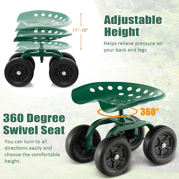 Garden Cart with Seat, Heavy-Duty Rolling Outdoor Wagon Scooter w/Height Adjustable & 360° Swivel Seat, Gardening Work Seat Stool, Patio Scooter on Wheels for Lawn Yard Planting (Green)