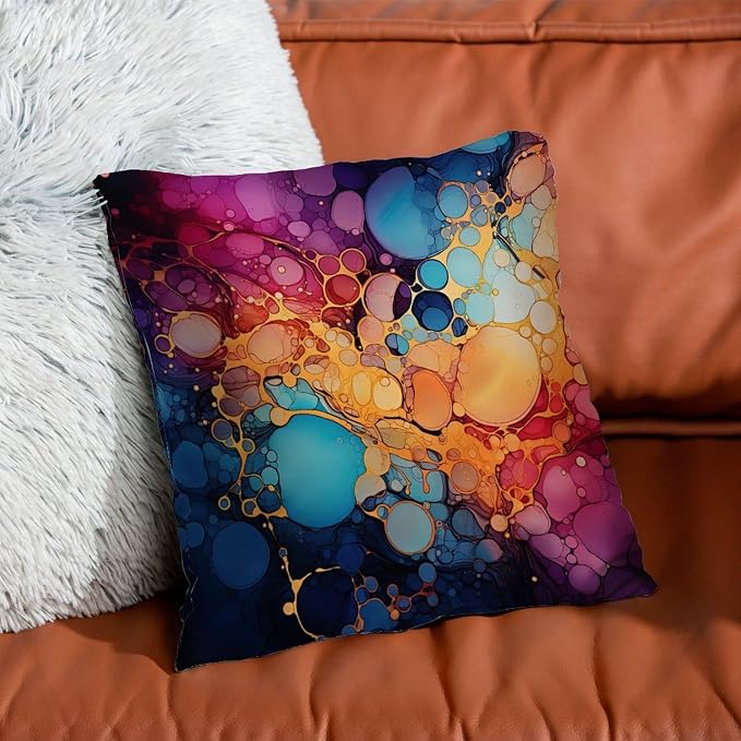 Pillow Cover Ink Rainbow Shapes with Gold Pillows Modern Abstract Alcohol Ink Textures Pillow Cover Accent Decorative Cushion Cases Home Decor for Patio Furniture Garden 24x24 in