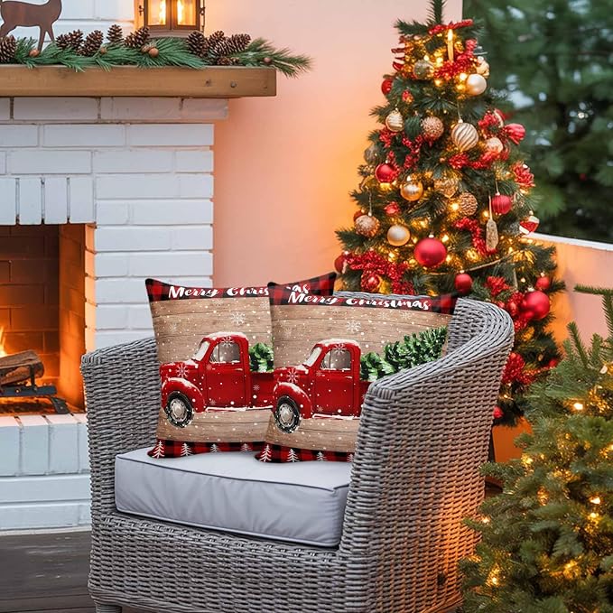 YOKOU Outdoor Throw Pillow Covers, Merry Christmas Truck Tree Vintage Board Wood Grain Buffalo Check Waterproof Pillowcases Cushion Covers Cases for Patio Couch Bench, Pack of 2 Square, 18"X18"