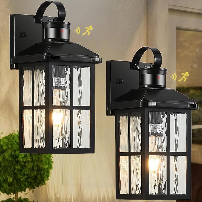 2 Pack Motion Sensor Porch Light Dusk to Dawn Outdoor Wall Light | Exterior Lighting Fixtures Modern Outside Wall Mount Coach Lamp for House Garage Patio Front Door(Black)