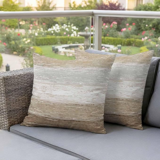 Outdoor Waterproof Throw Pillow Covers, Vintage Brown Grey Decorative Pillow Cases, Farmhouse Barn Wooden Striped Couch Pillow Protector Patio Sofa Cushion Covers Replacement 16"x16" 2 Pack