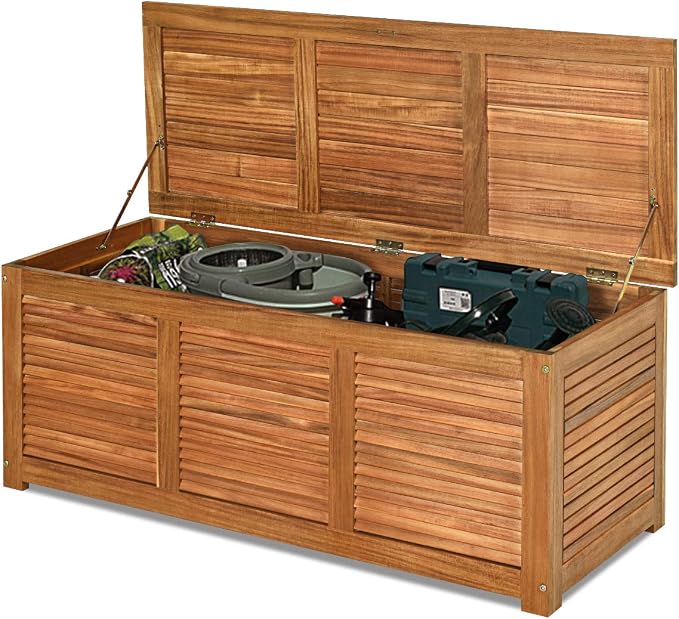 FANTASK 47 Gallon Wooden Deck Box, Outdoor Acacia Wood Garden Backyard Organization, Storage Bench for Patio Furniture Gardening Tools Toys Cushions