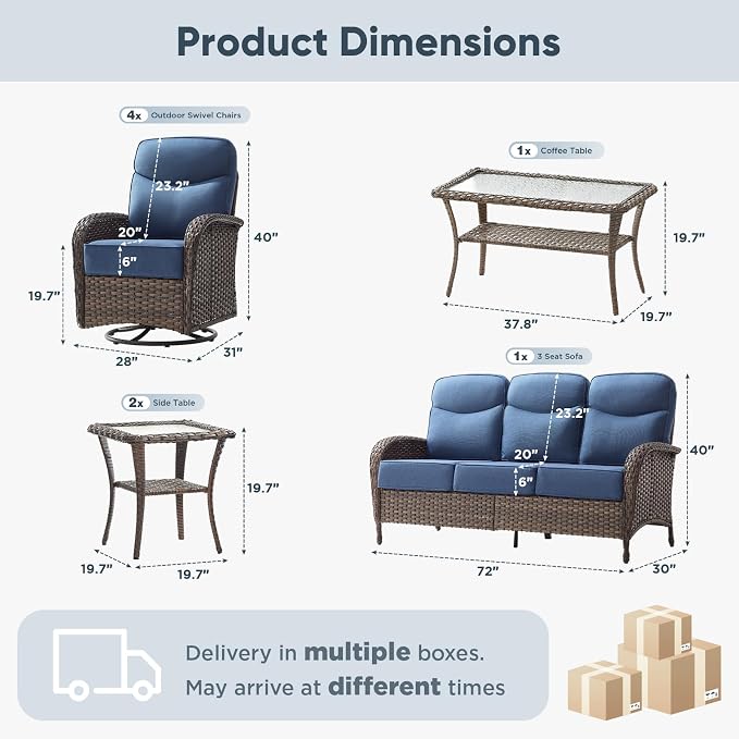 8-Piece Patio Furniture Set with Upgraded 6" Thick Cushion - High Back Outdoor Swivel Rocker Chairs with 3-Seater Sofa, Coffee Table,Wicker Outdoor Conversation Set for Deck, Porch, Yard, Poolside