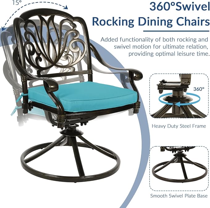 9-Piece Patio Cast Aluminum Dining Set, Outdoor Dining Furniture Set for 8 Person, Includes 94.5" Rectangular Dining Table and 8 Swivel Chairs with Umbrella Hole, Ocean Blue