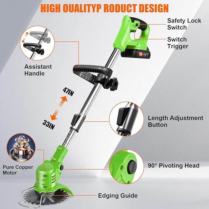 Electric Weed Wacker Cordless with Wheels, 2pcs Batteries&4 Types Blades,Lightweight, Low Noise Weed Trimmer 21V stringless Weed Wacker, Grass Trimmer/Brush Cutter/Edger, for Thick Weeds&Yard Garden